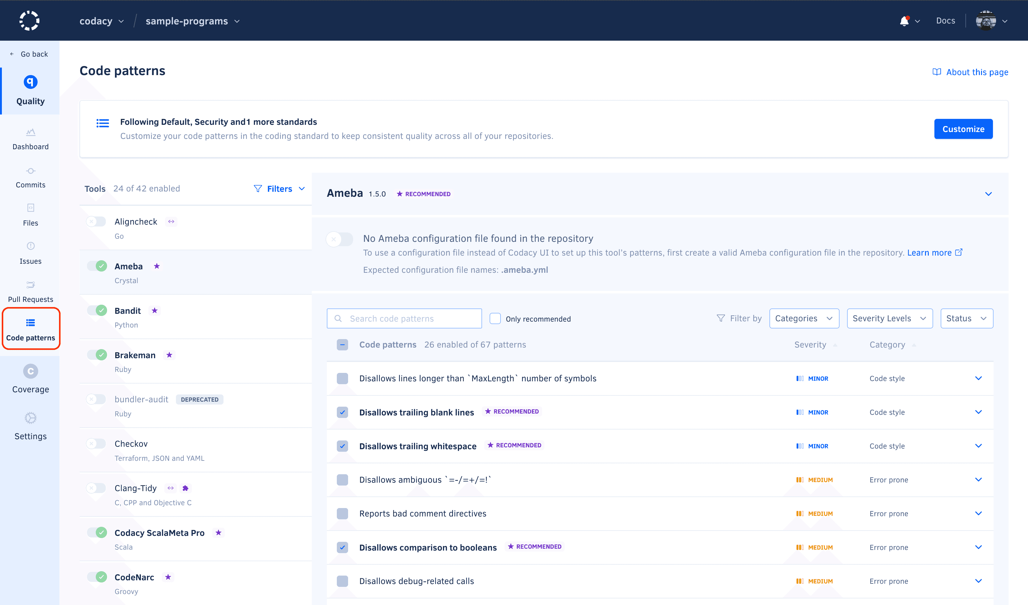 Configuring the tools and code patterns
